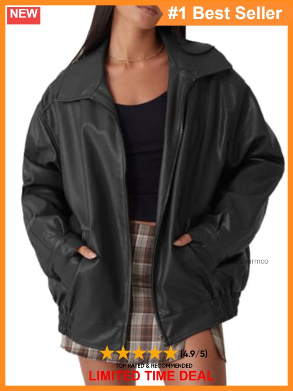 Oversized Faux Leather Moto Biker Jacket Zip Up Coat Pockets